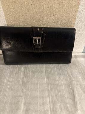 Etienne Aigner Vintage Black Leather Buckle Long Trifold Wallet